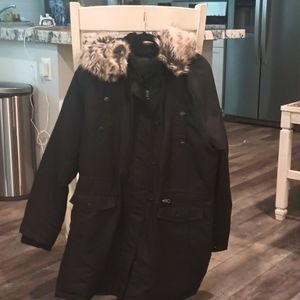 Faded Glory black fur lined winter coat. Gently worn on cold days.